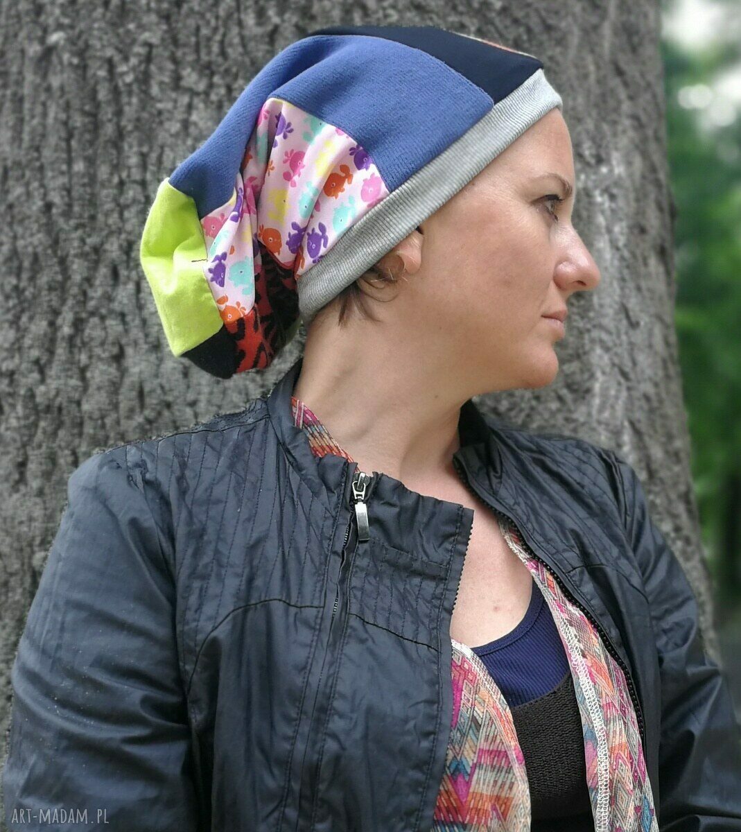 Czapka damska patchworkowa boho folk - długa smerfetka na podszewce