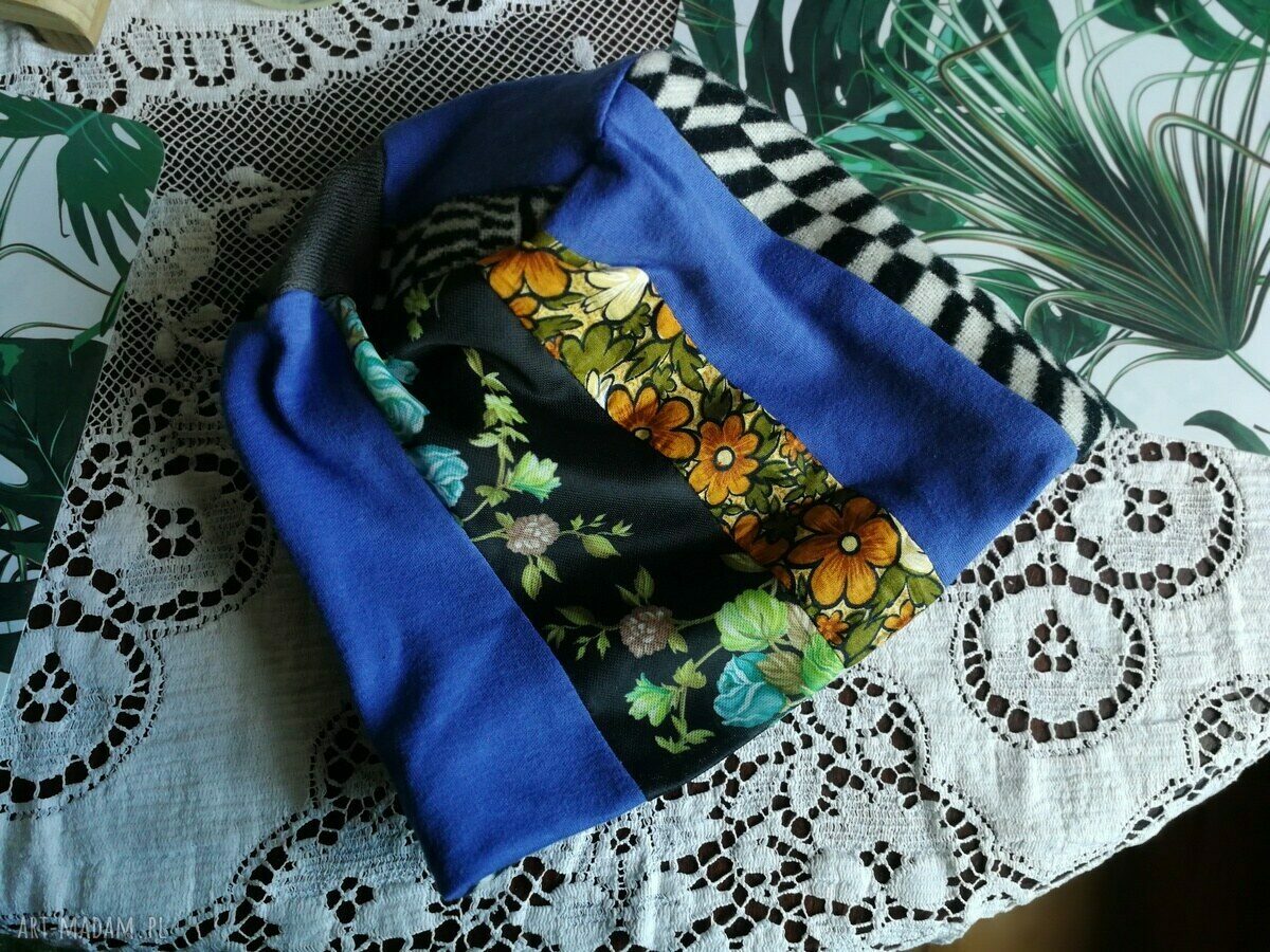 Czapka damska patchworkowa boho etno folk (handmade), obwód 58-59 cm