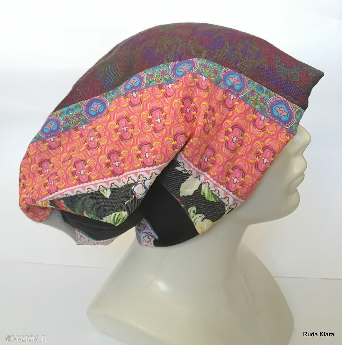 Czapka damska etno-boho Smerfetka - patchwork na podszewce, rozmiar 59-61 cm