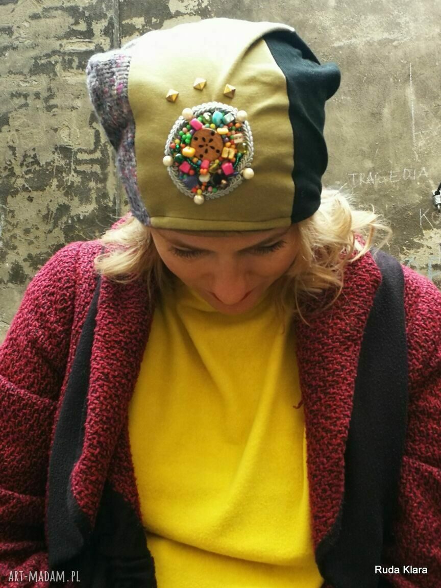 Czapka damska patchworkowa boho z aplikacją - handmade na podszewce (rozmiar uniwersalny)
