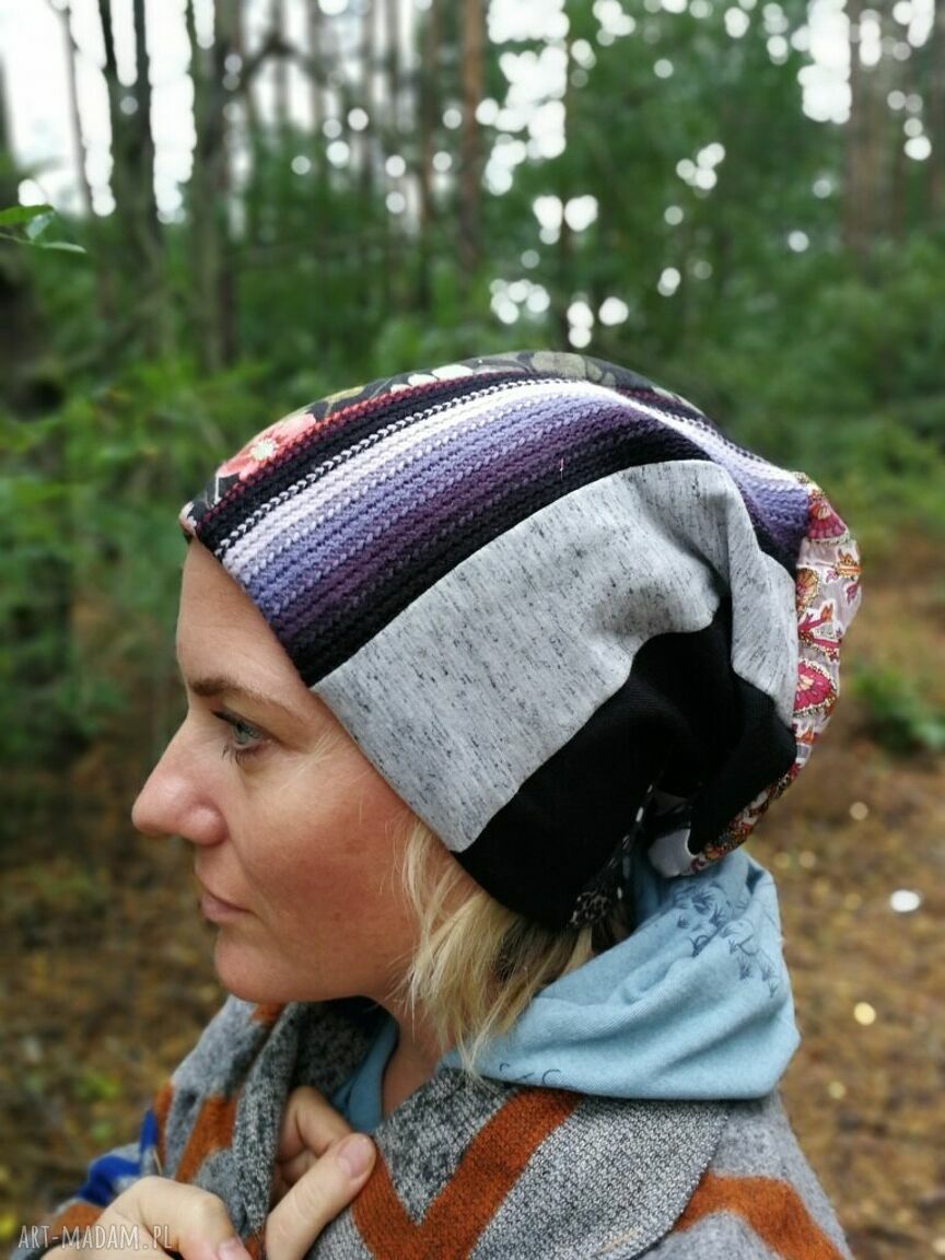 Kolorowa czapka damska etno boho folk - ręcznie farbowana, rozmiar uniwersalny