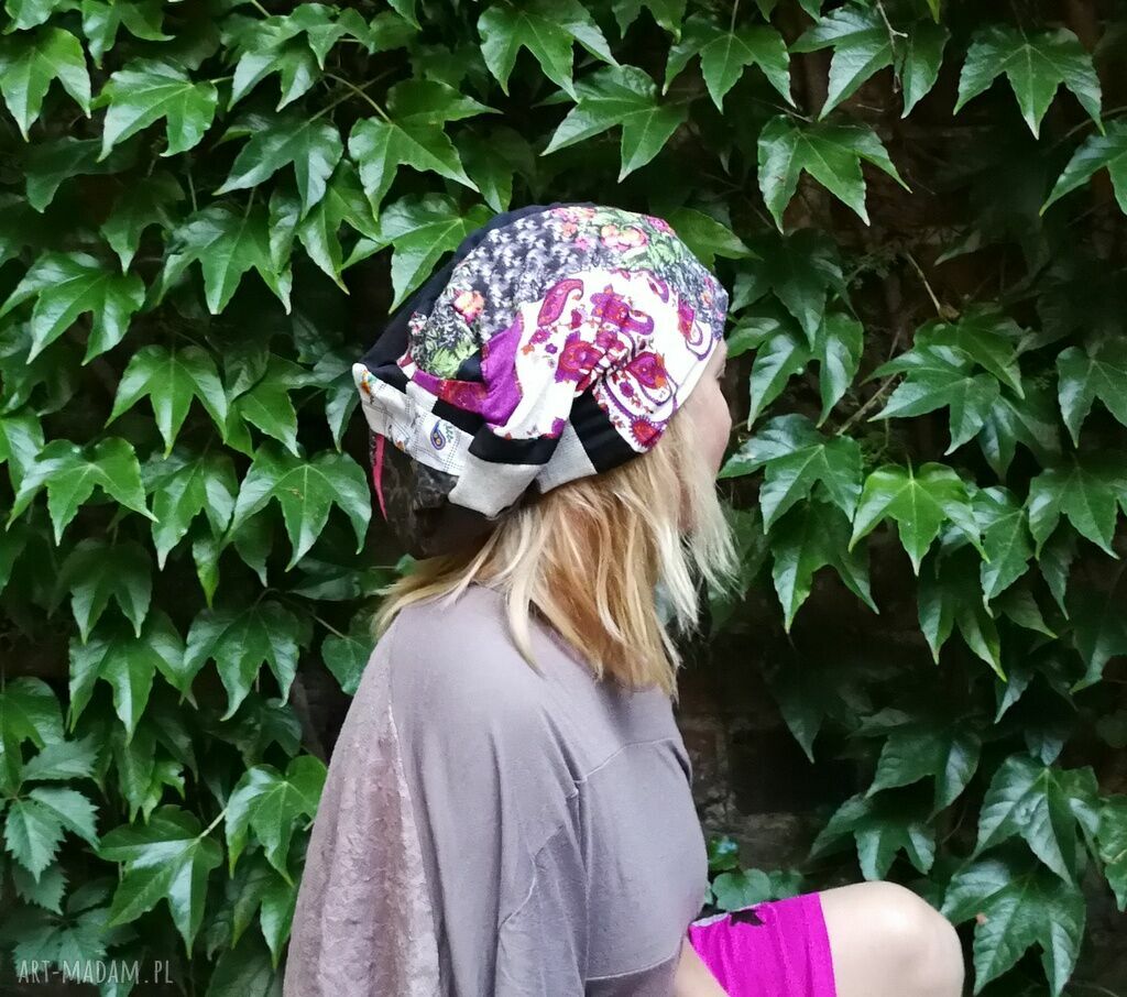 Kolorowa czapka damska patchworkowa w stylu etno boho - handmade