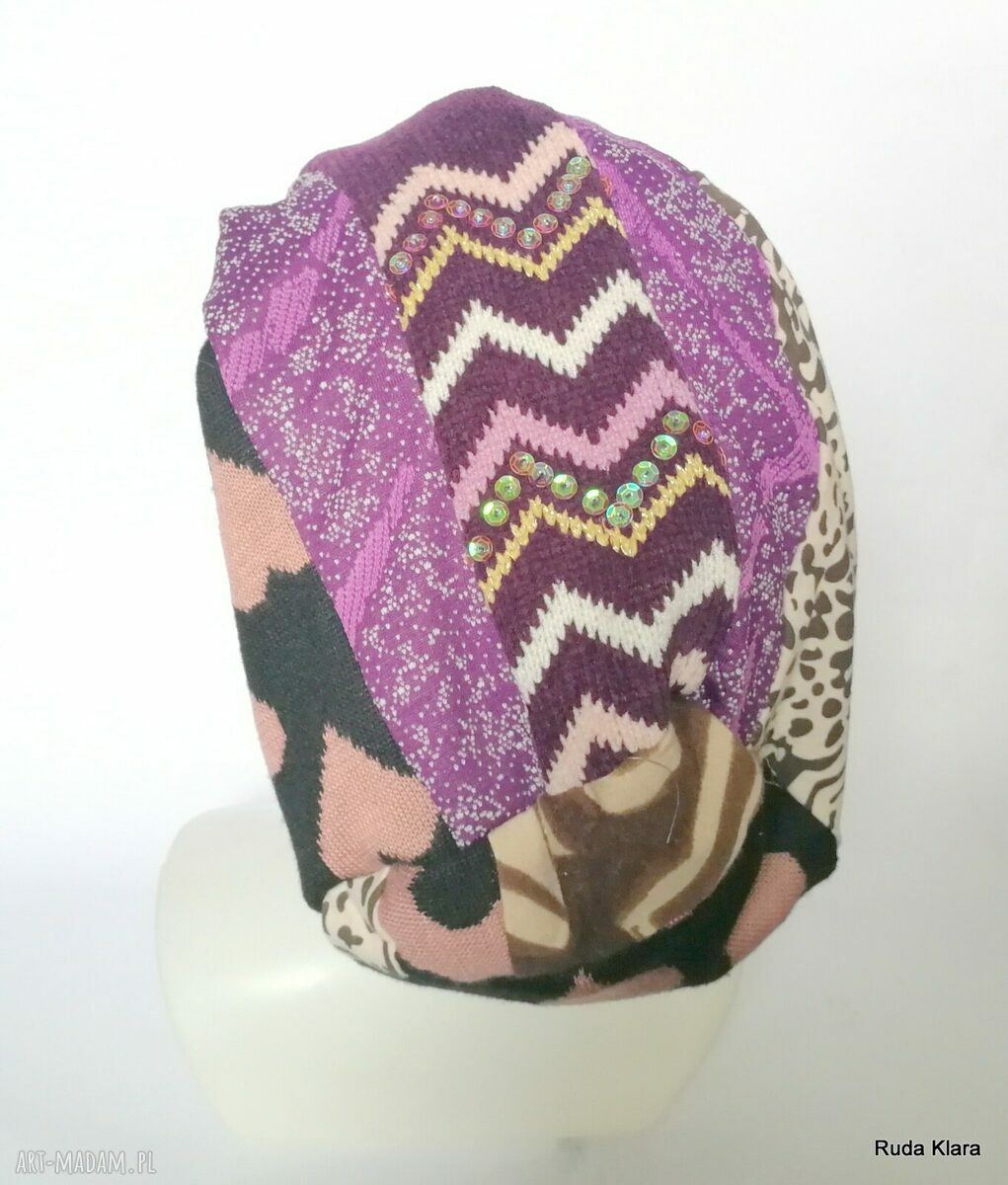 Czapka damska Smerfetka boho - patchwork na podszewce