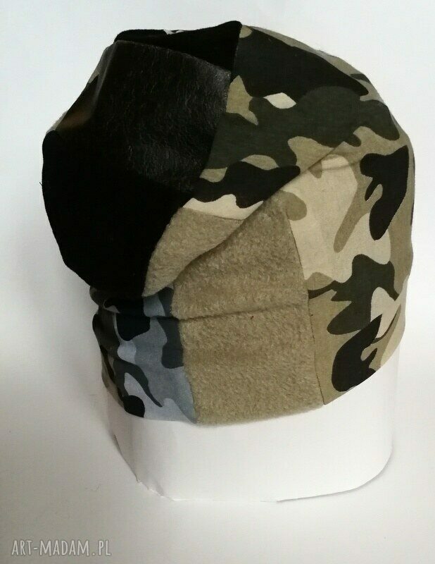 Ciepła czapka wojskowa patchwork z dzianiny na podszewce - unisex, 59-60 cm