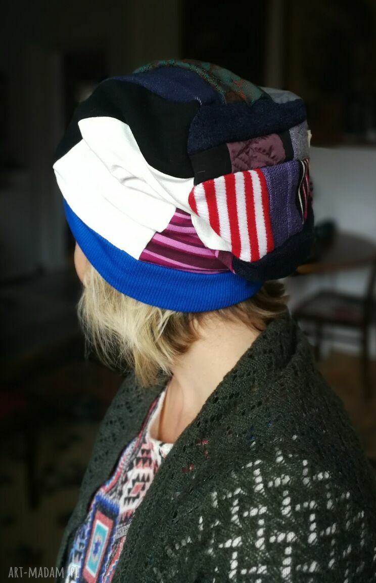 Czapka damska etno boho folk „Smerfetka” - patchwork na podszewce