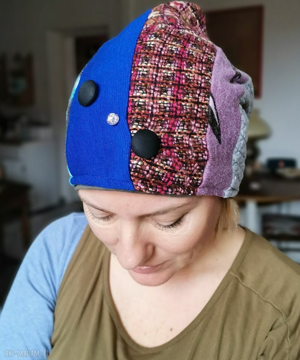 Czapka damska patchworkowa na podszewce - boho, miękka i lekko rozciągliwa