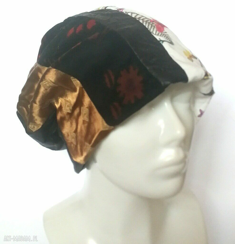 Czapka damska patchworkowa 59-60 cm - etno-orient z ptakiem (przejściówka na podszewce)
