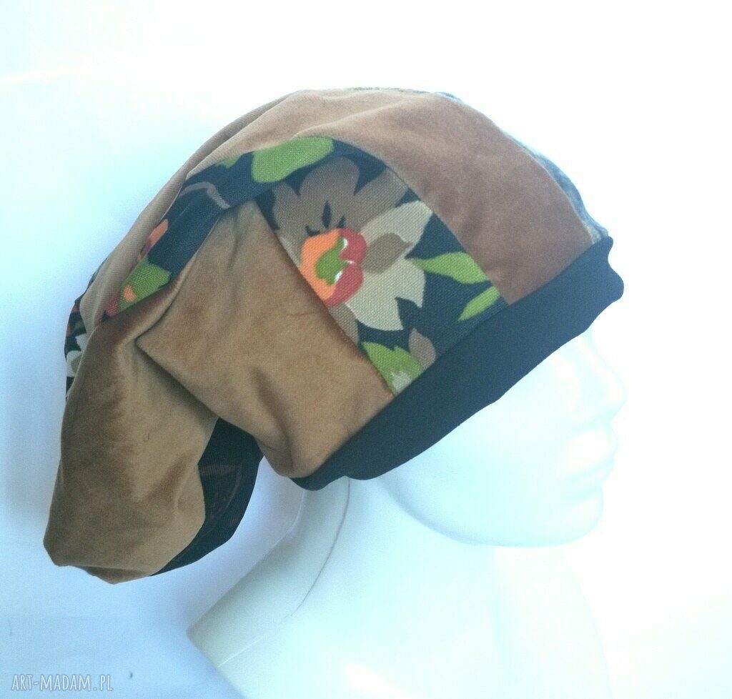 Wiosenna czapka damska folk Smerfetka - patchwork na podszewce