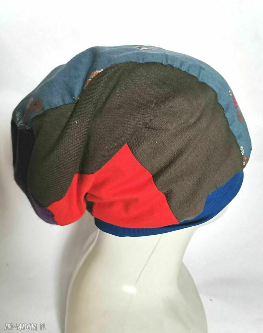 Czapka damska na podszewce - patchworkowa etno boho w paski