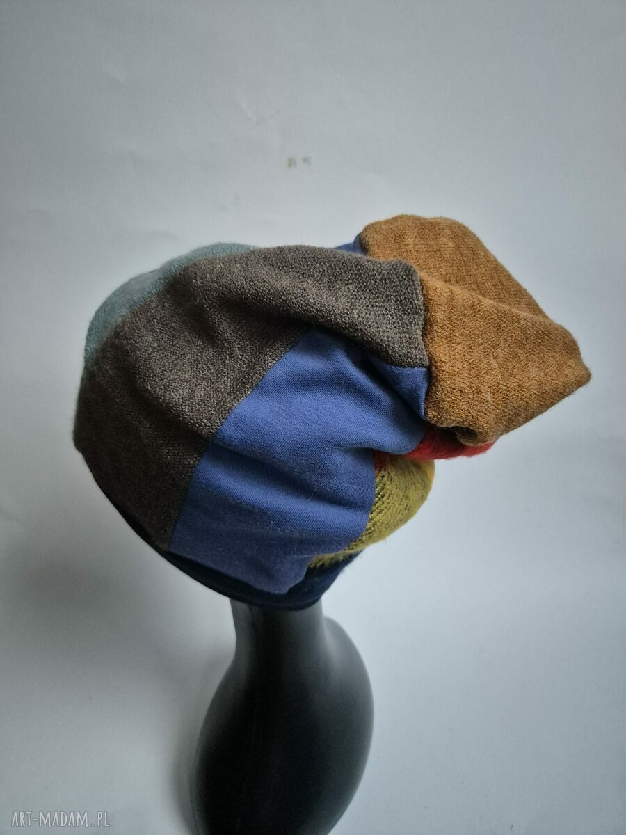 Czapka patchworkowa boho w kratę na podszewce - unisex