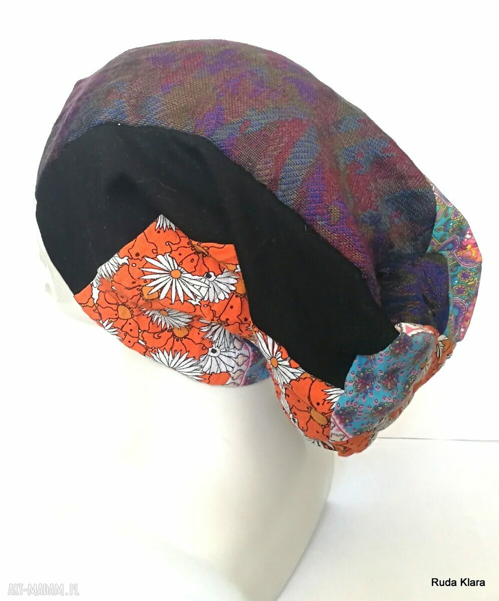 Czapka damska etno-boho Smerfetka - patchwork na podszewce, rozmiar 59-61 cm