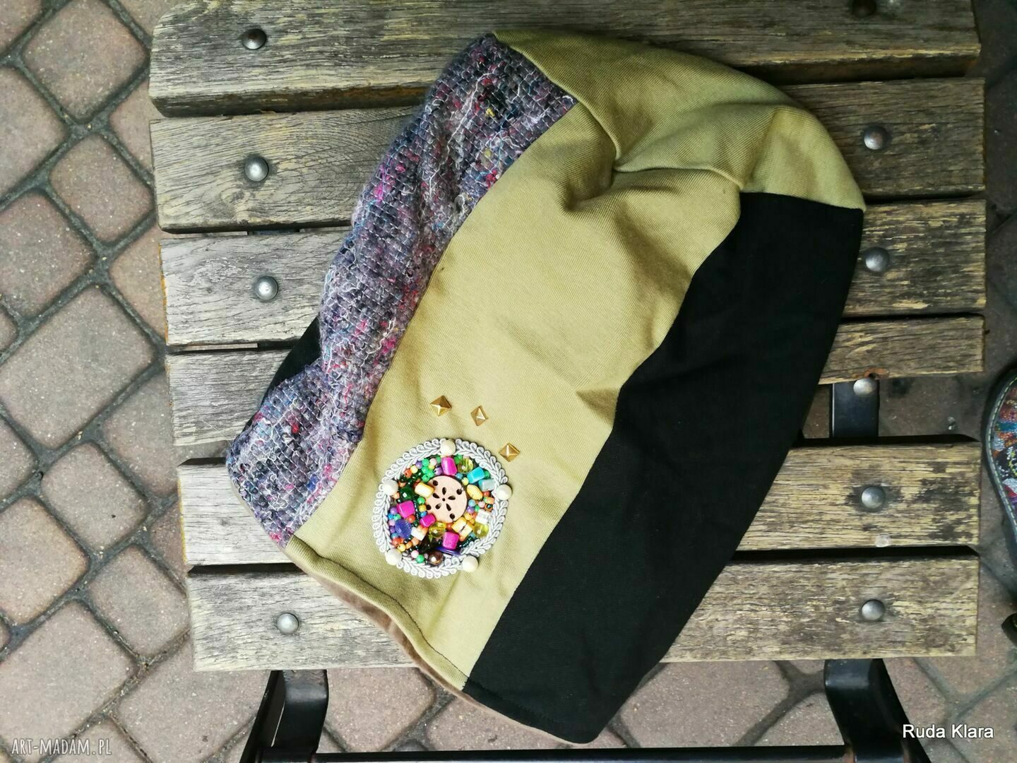 Czapka damska patchworkowa boho z aplikacją - handmade na podszewce (rozmiar uniwersalny)