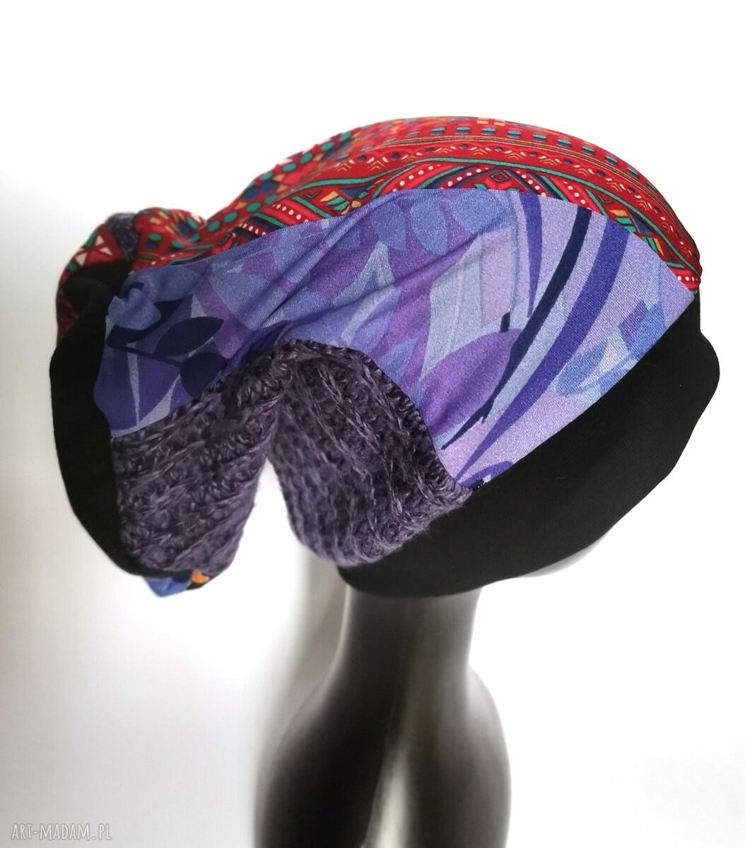 Czapka damska patchworkowa „Smerfetka” folk boho etno - na podszewce, rozmiar uniwersalny