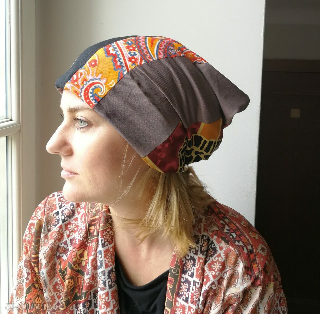 Czapka damska patchworkowa handmade etno-boho folk z motywem węża - na podszewce