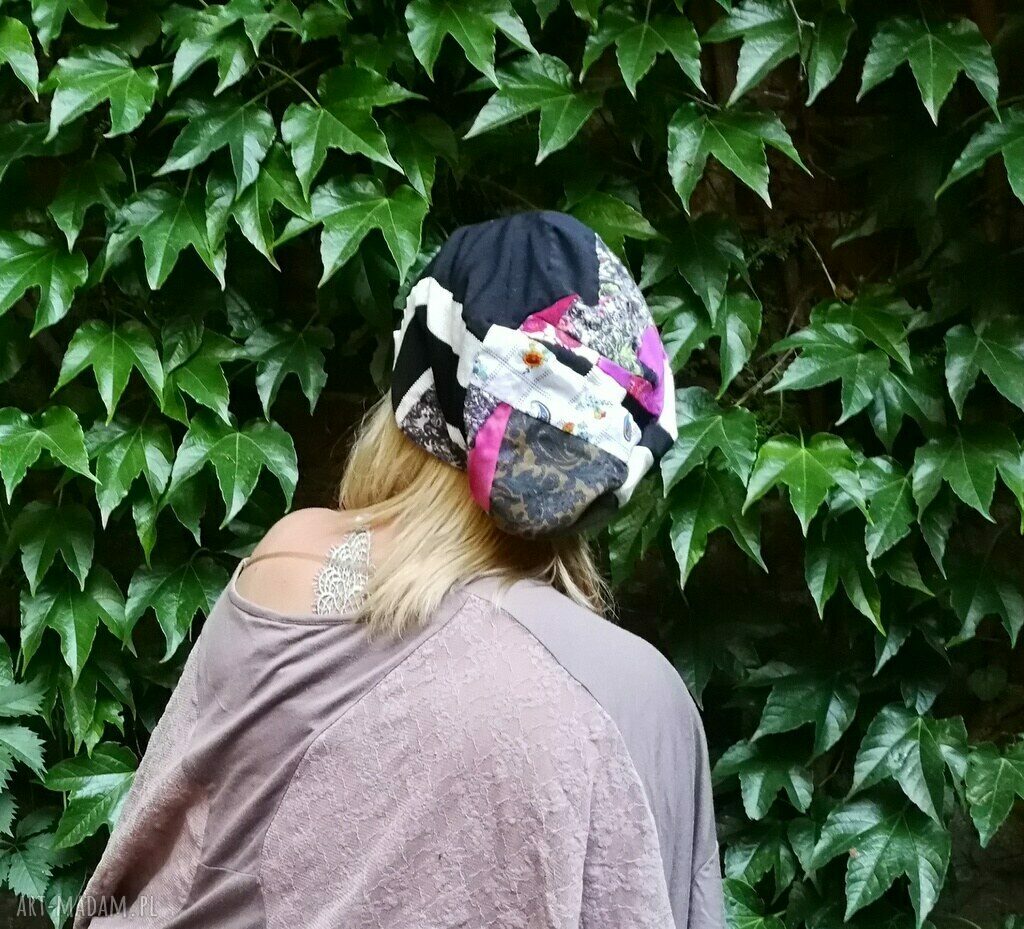 Kolorowa czapka damska patchworkowa w stylu etno boho - handmade