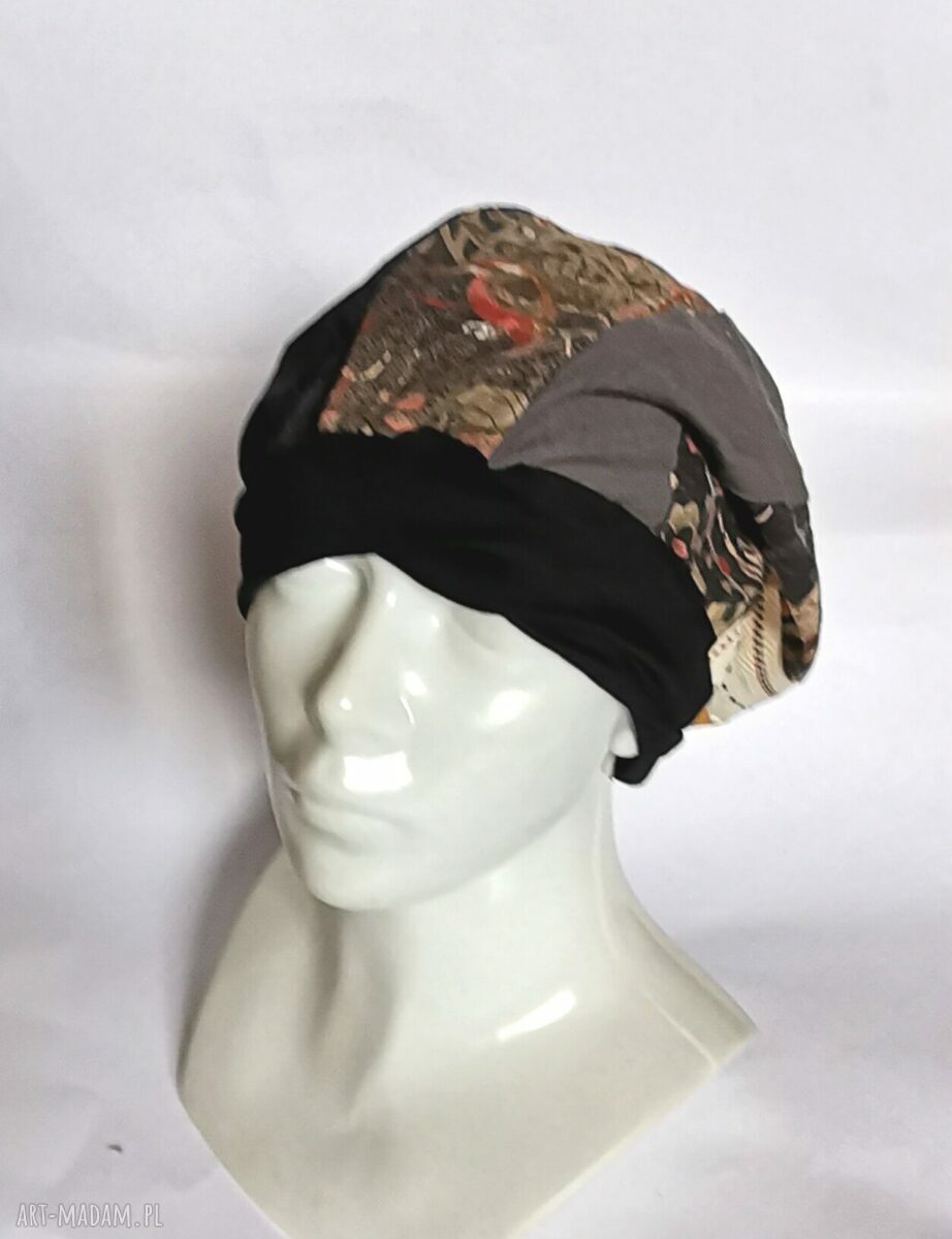 Czapka damska patchworkowa na podszewce - boho etno folk, ręcznie szyta