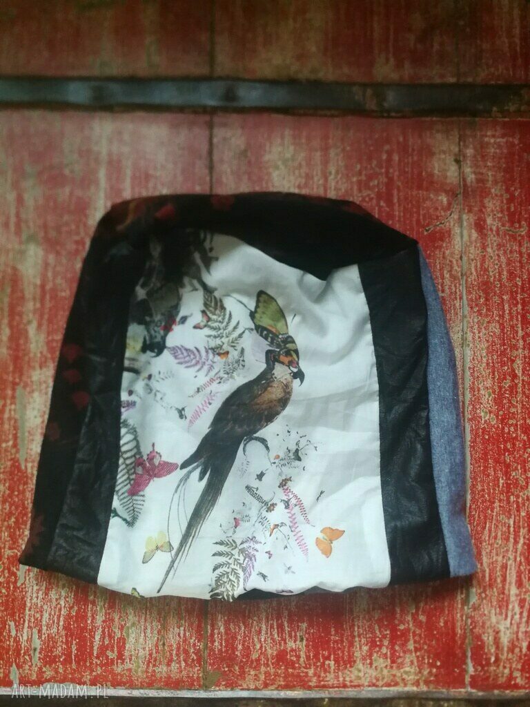 Czapka damska patchworkowa 59-60 cm - etno-orient z ptakiem (przejściówka na podszewce)