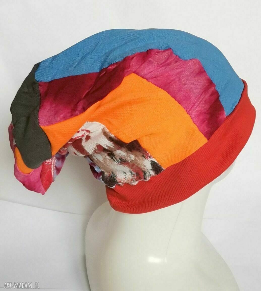 Kolorowa czapka damska w stylu etno boho Frida - dzianina na podszewce Smerfetka (rozmiar uniwersalny)
