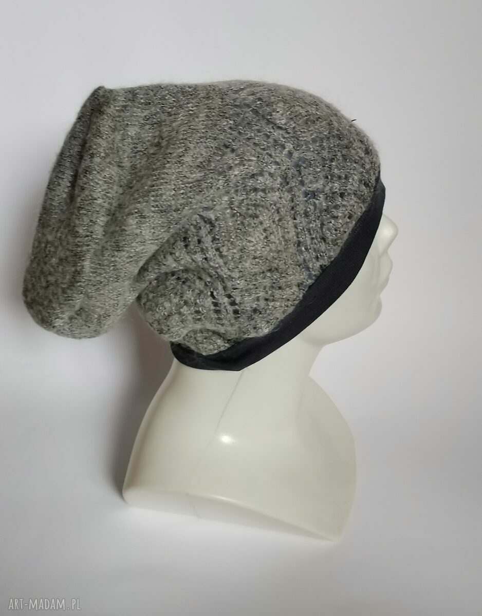 Czapka damska szara z niebieskim azur-wzorem etno boho na podszewce - rozmiar uniwersalny