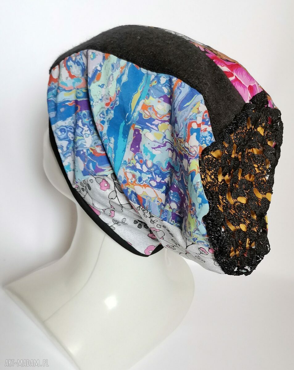 Czapka damska boho z patchworku i koronki - etno folk, rozmiar uniwersalny