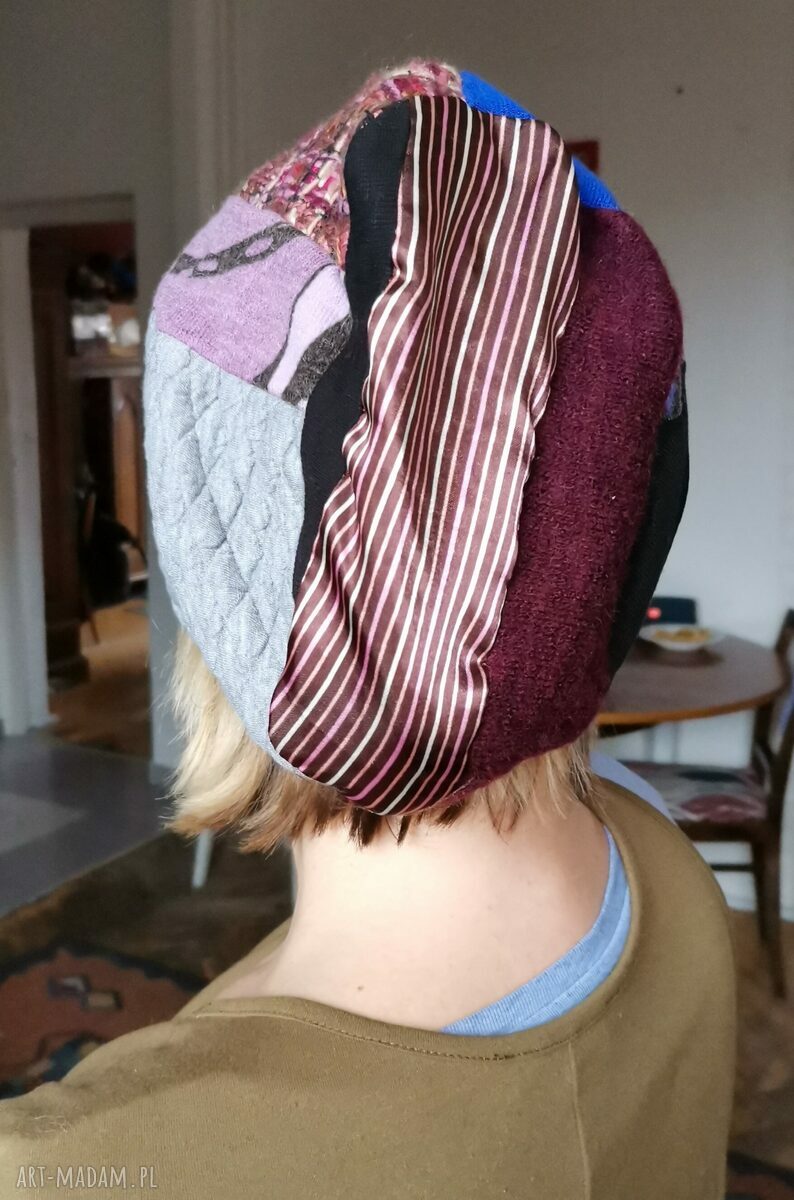 Czapka damska patchworkowa na podszewce - boho, miękka i lekko rozciągliwa