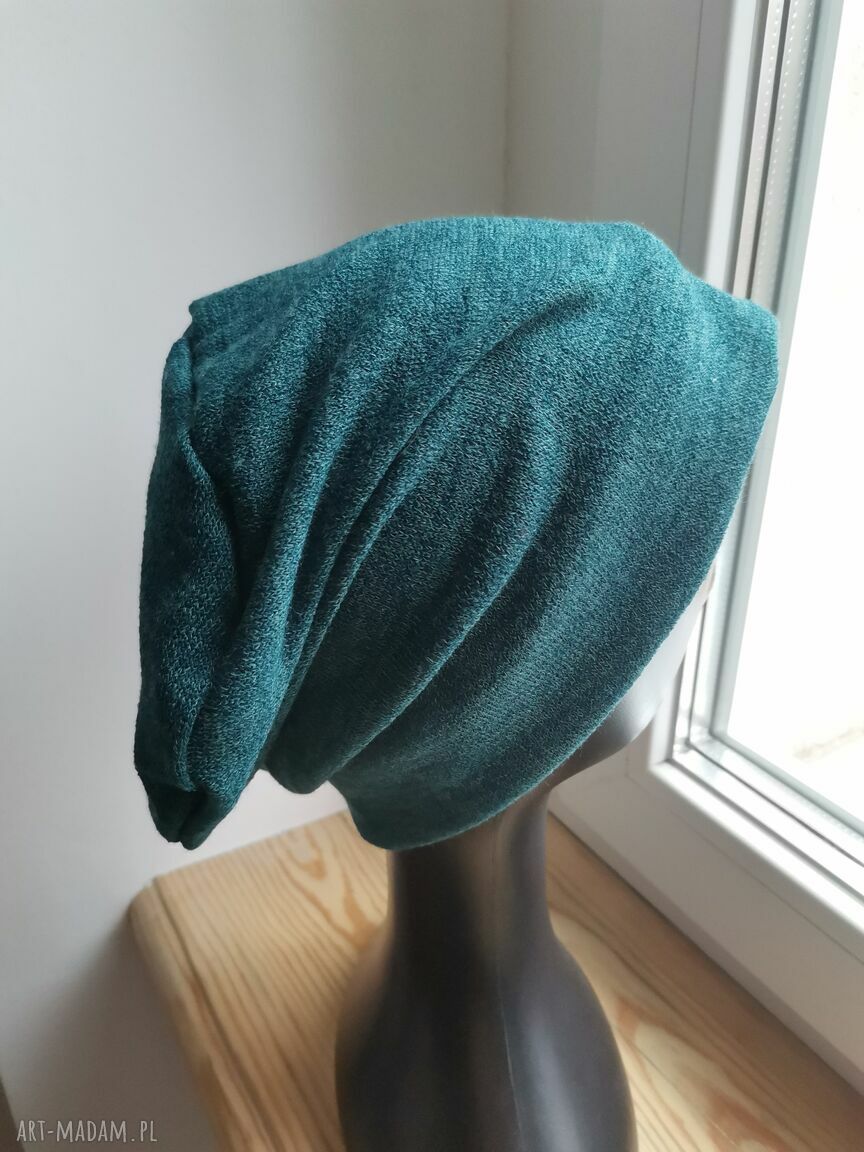 Czapka unisex Frida - butelkowa zieleń na podszewce, etno-boho