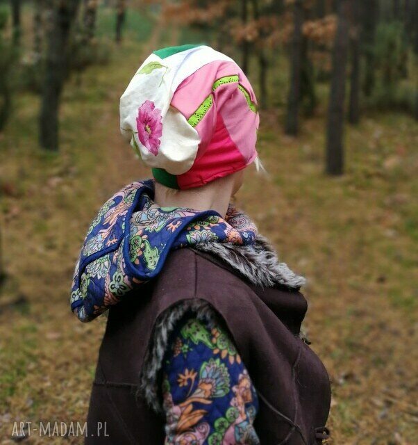Kolorowa czapka damska patchworkowa dresowa etno boho - na podszewce