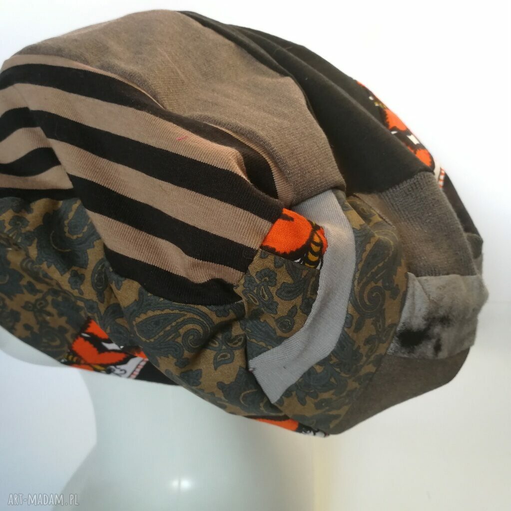 Czapka damska patchworkowa boho - przejściówka na podszewce