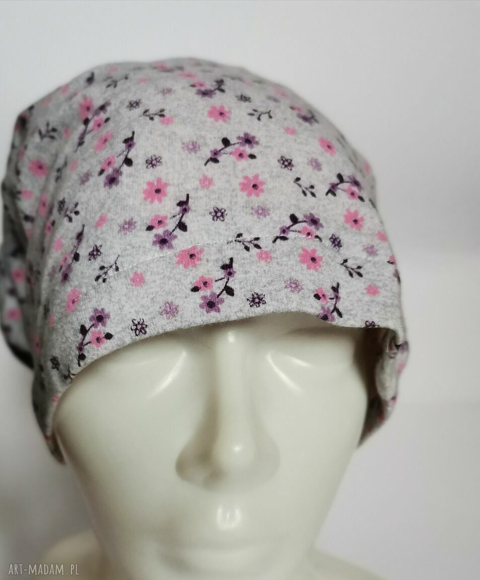 Czapka damska boho folk w kwiatki - wiosenna na podszewce
