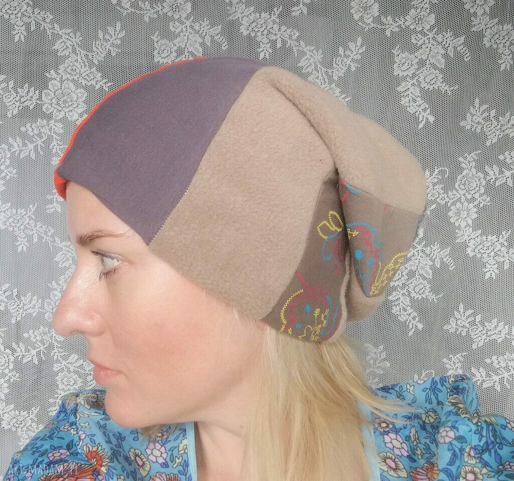 Kolorowa czapka damska patchworkowa - wiosenna na podszewce (boho/etno)