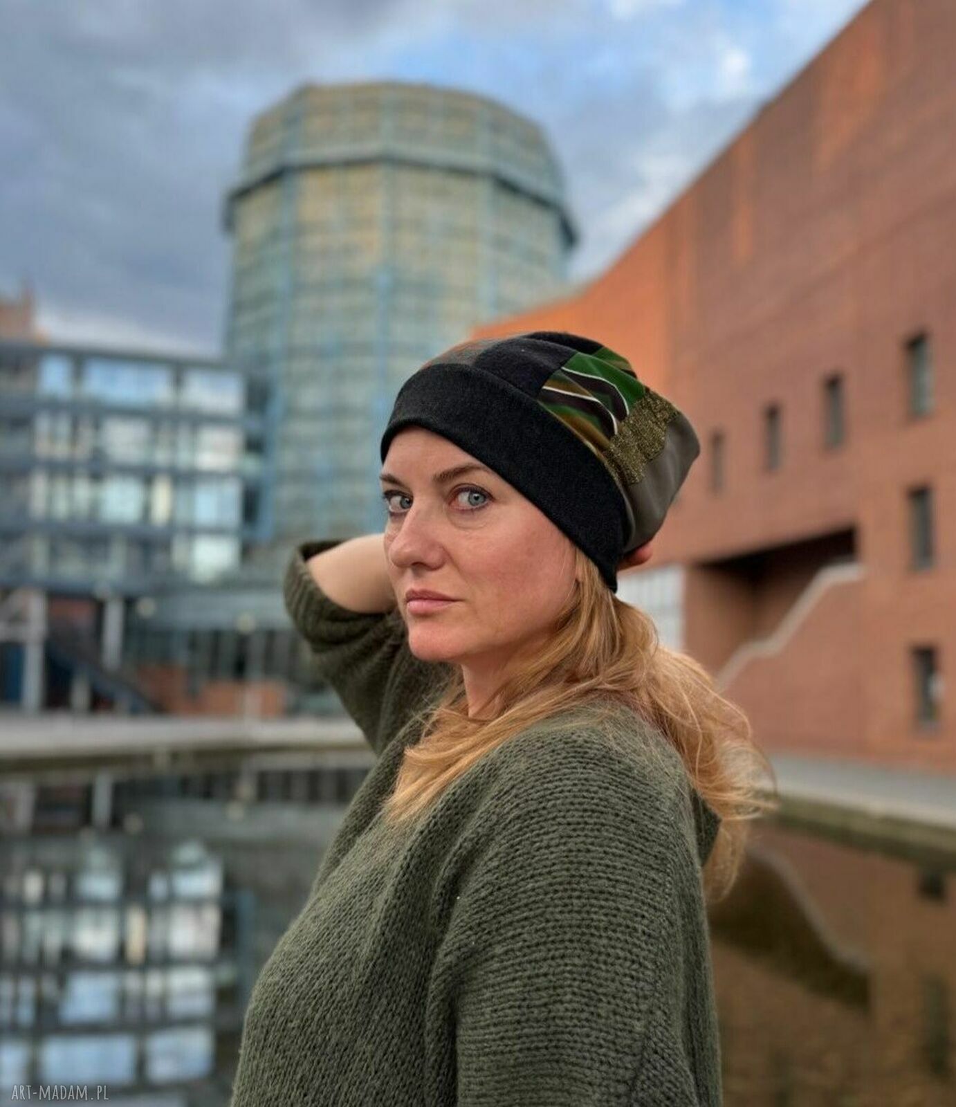 Czapka damska Smerfetka boho etno folk - Rower Morze na podszewce, rozmiar uniwersalny
