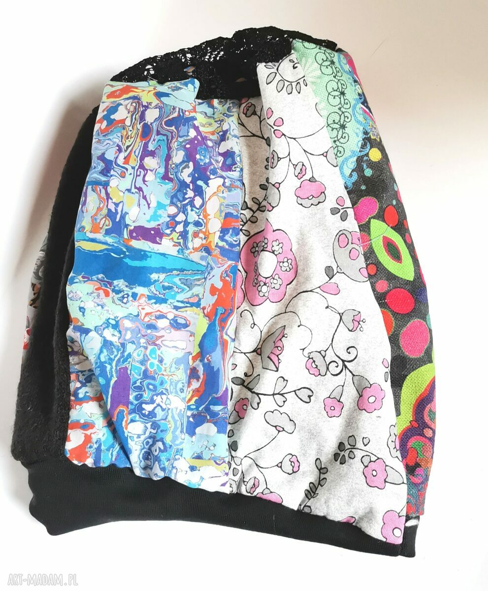 Czapka damska boho z patchworku i koronki - etno folk, rozmiar uniwersalny