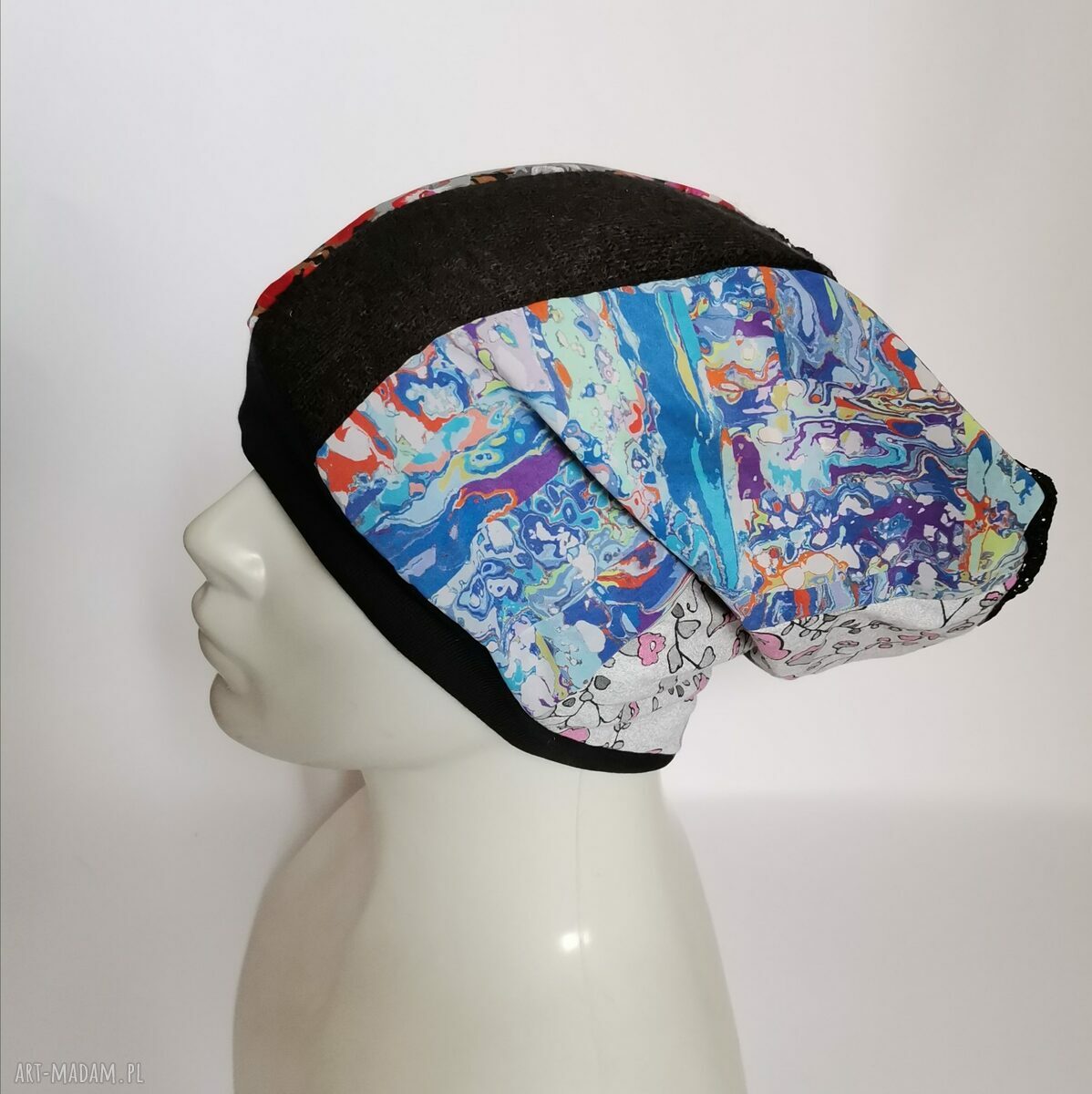 Czapka damska boho z patchworku i koronki - etno folk, rozmiar uniwersalny