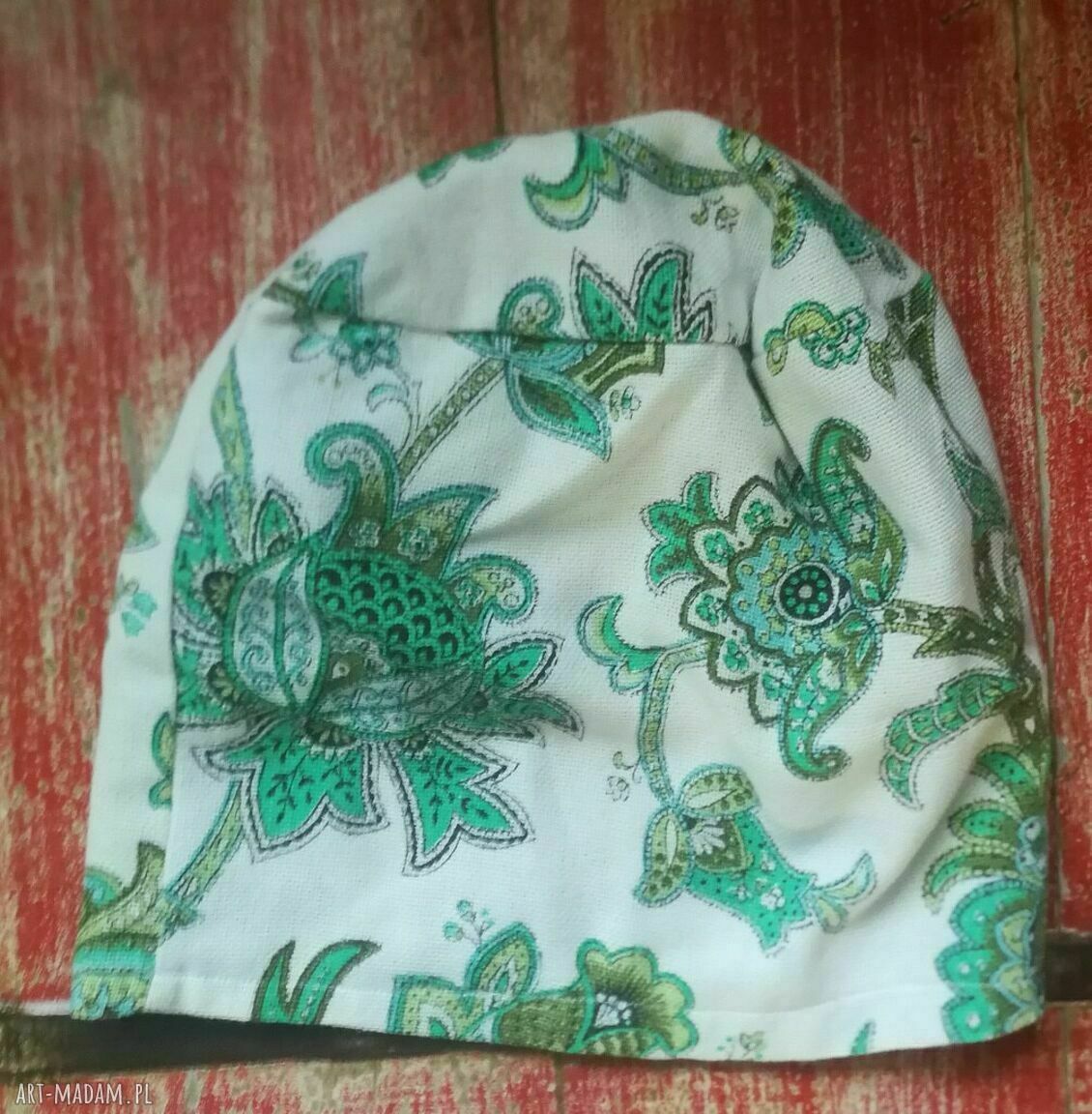 Czapka damska vintage w zielone kwiaty folk boho - rozmiar 60-61 cm, na podszewce