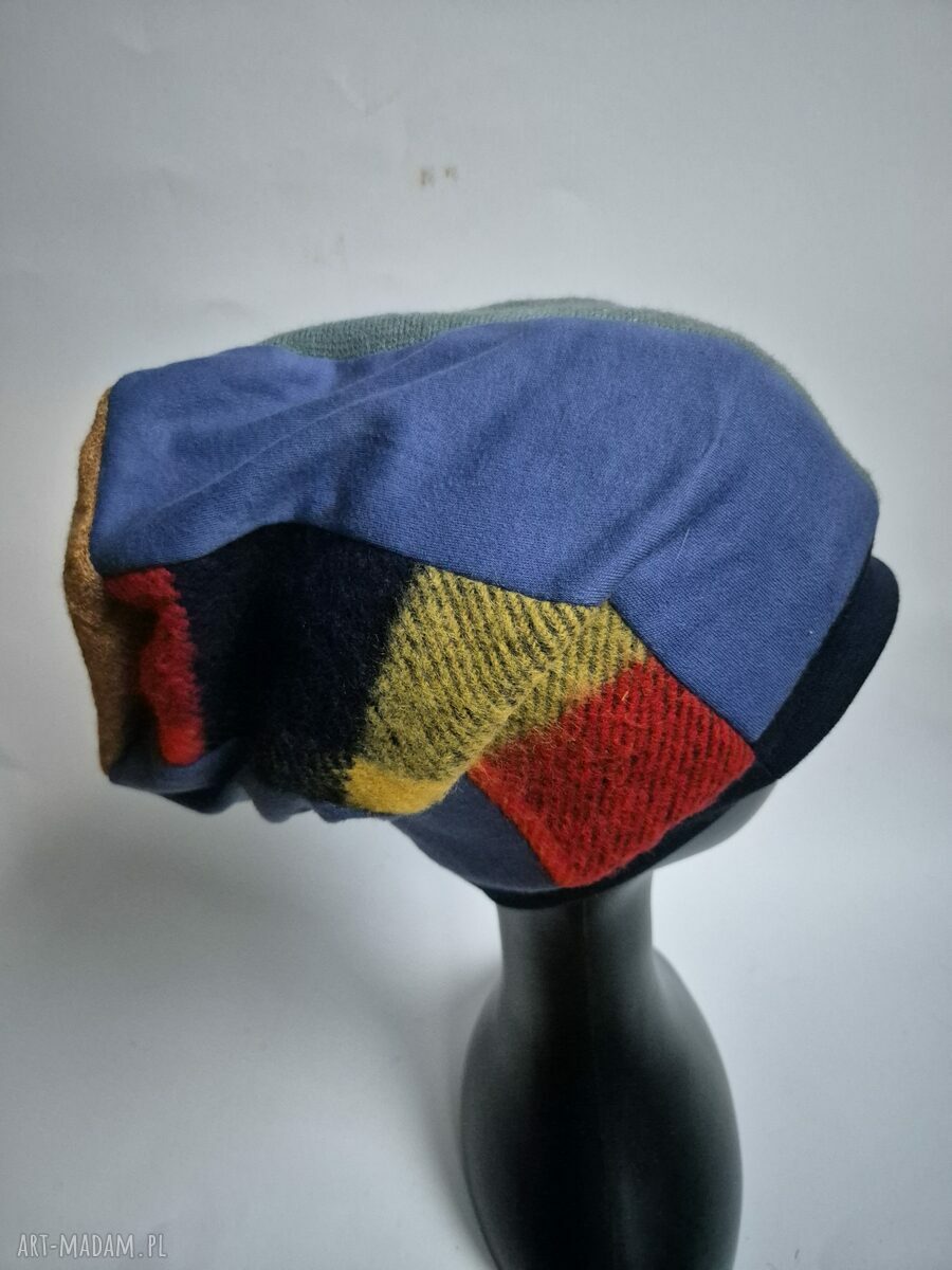 Czapka patchworkowa boho w kratę na podszewce - unisex