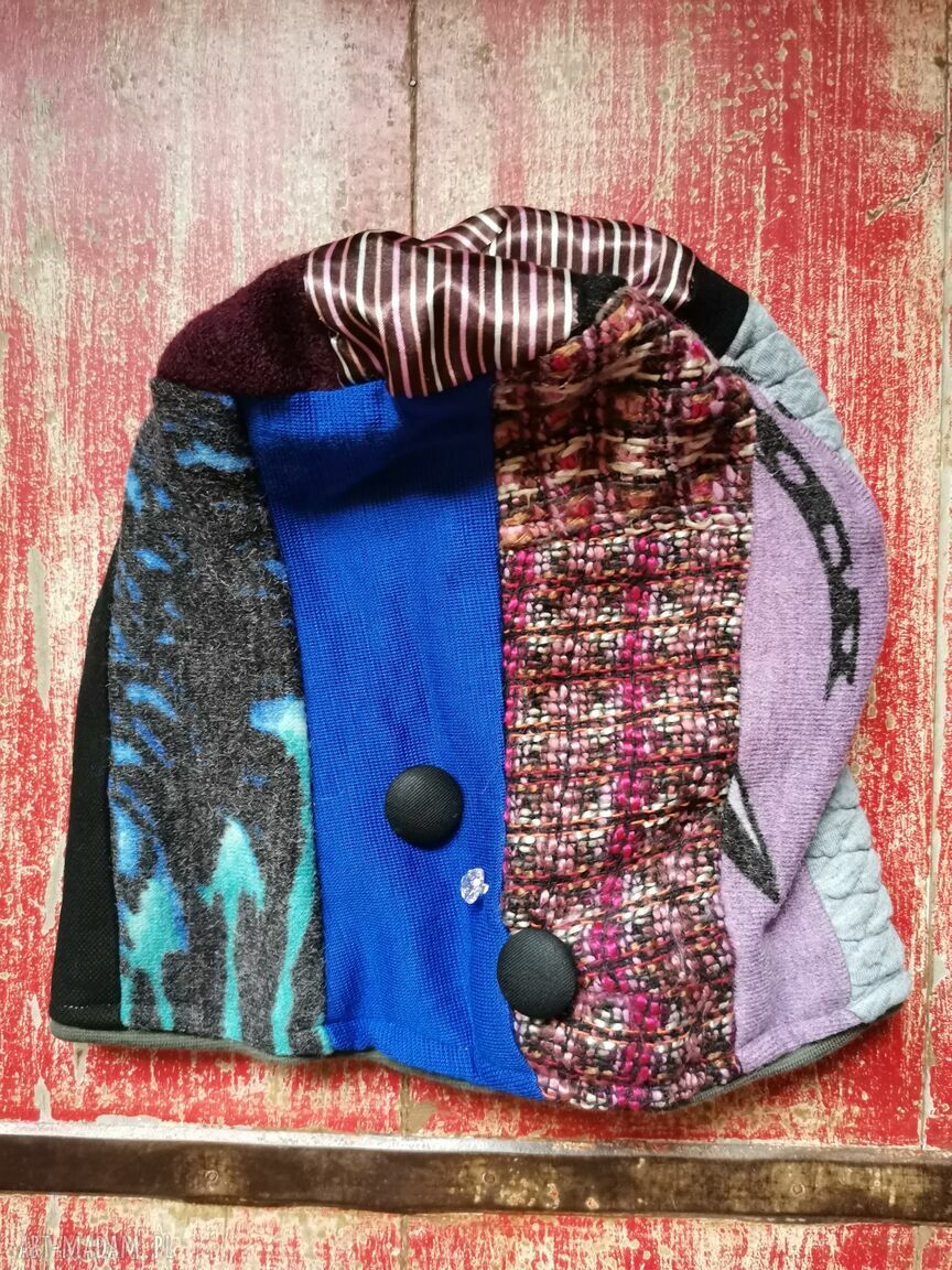 Czapka damska patchworkowa na podszewce - boho, miękka i lekko rozciągliwa