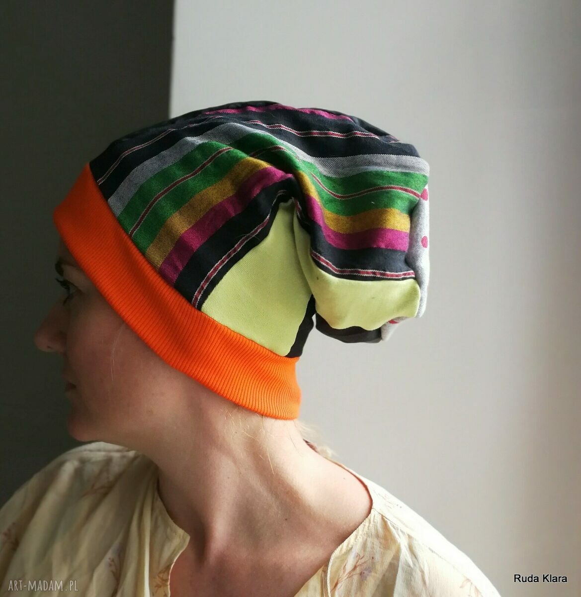 Ręcznie szyta czapka damska etno-boho - patchwork na podszewce, rozmiar uniwersalny
