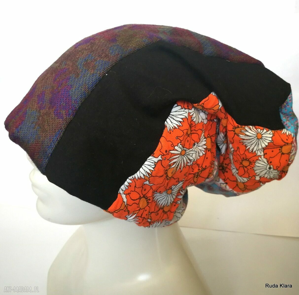 Czapka damska etno-boho Smerfetka - patchwork na podszewce, rozmiar 59-61 cm