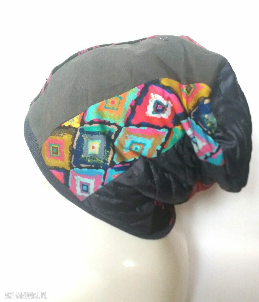 Ciepła czapka damska patchworkowa na podszewce - rozmiar uniwersalny (handmade)