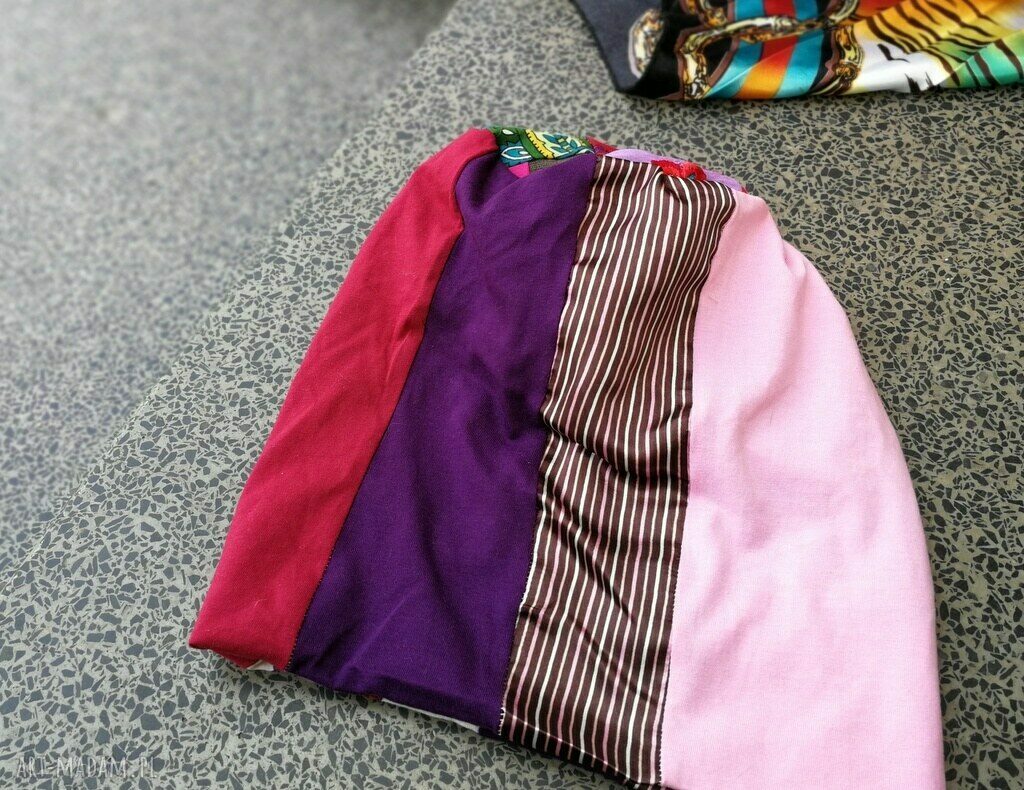 Czapka damska patchworkowa boho etno folk - kolorowa na podszewce (59-60 cm)