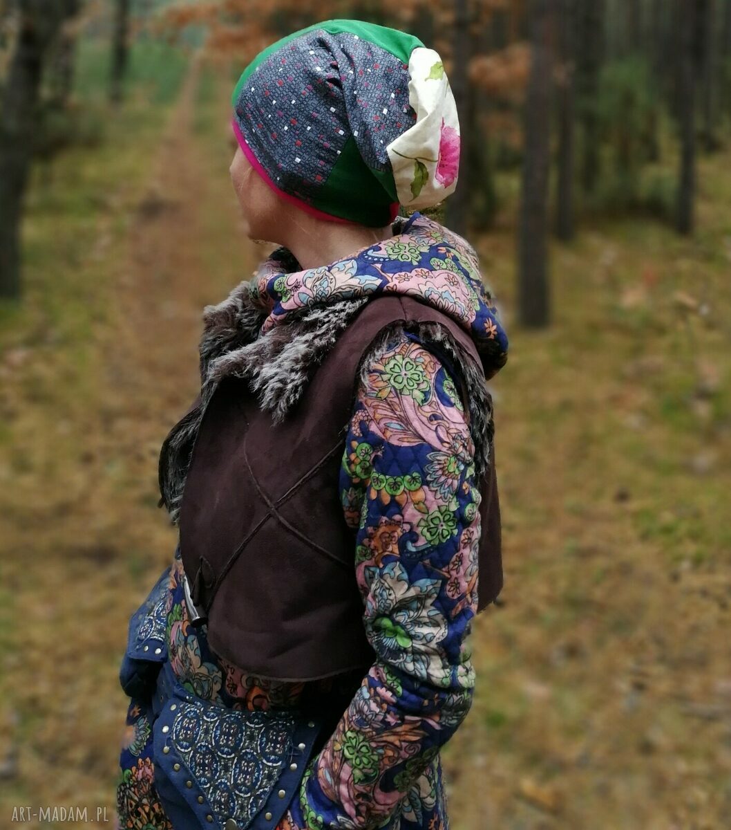 Kolorowa czapka damska patchworkowa dresowa etno boho - na podszewce