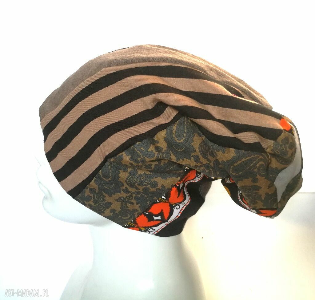 Czapka damska patchworkowa boho - przejściówka na podszewce