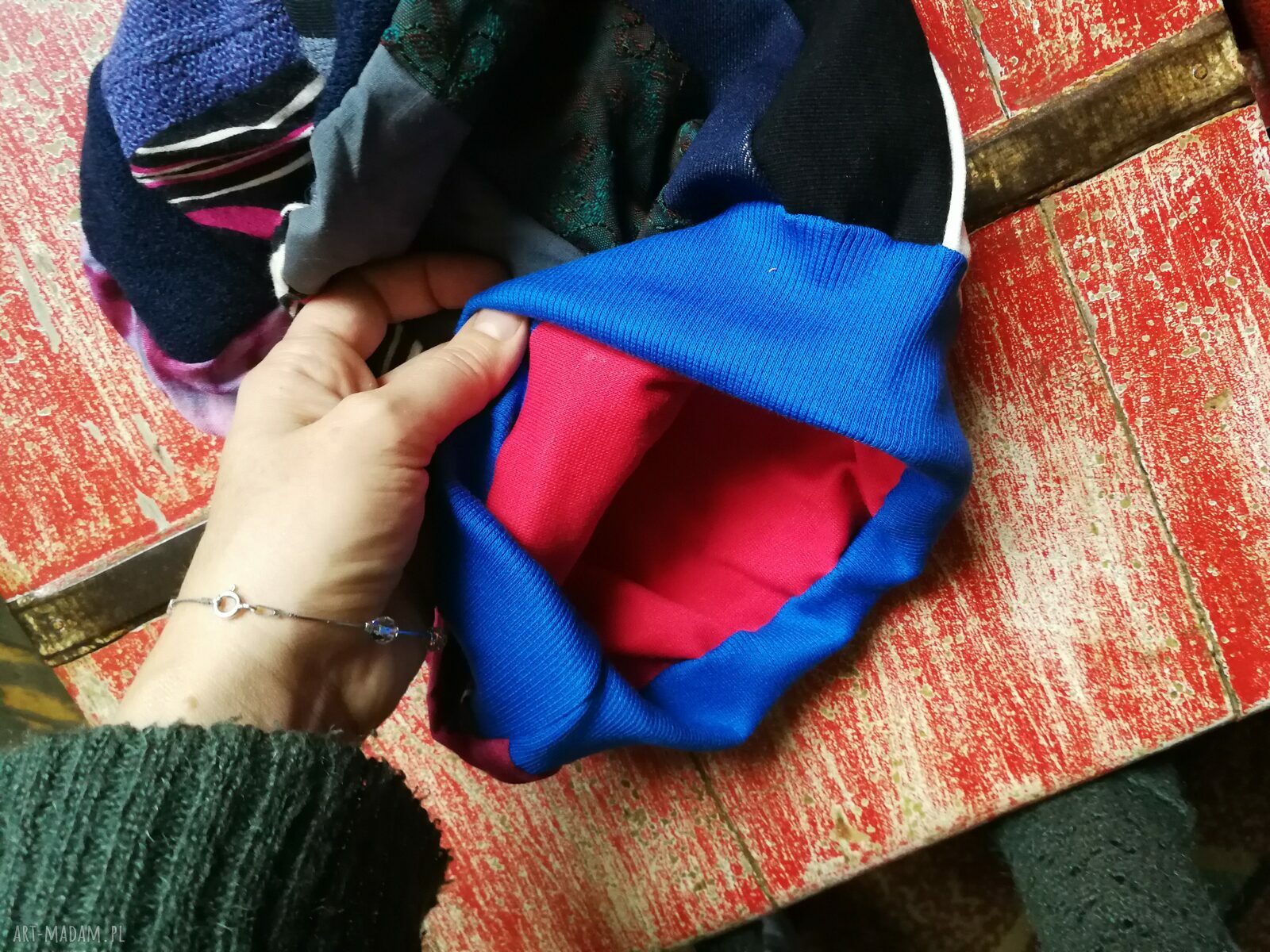 Czapka damska etno boho folk „Smerfetka” - patchwork na podszewce