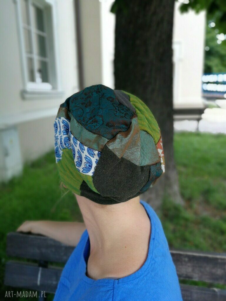 Czapka damska na podszewce - patchworkowy turban boho (57-59 cm)