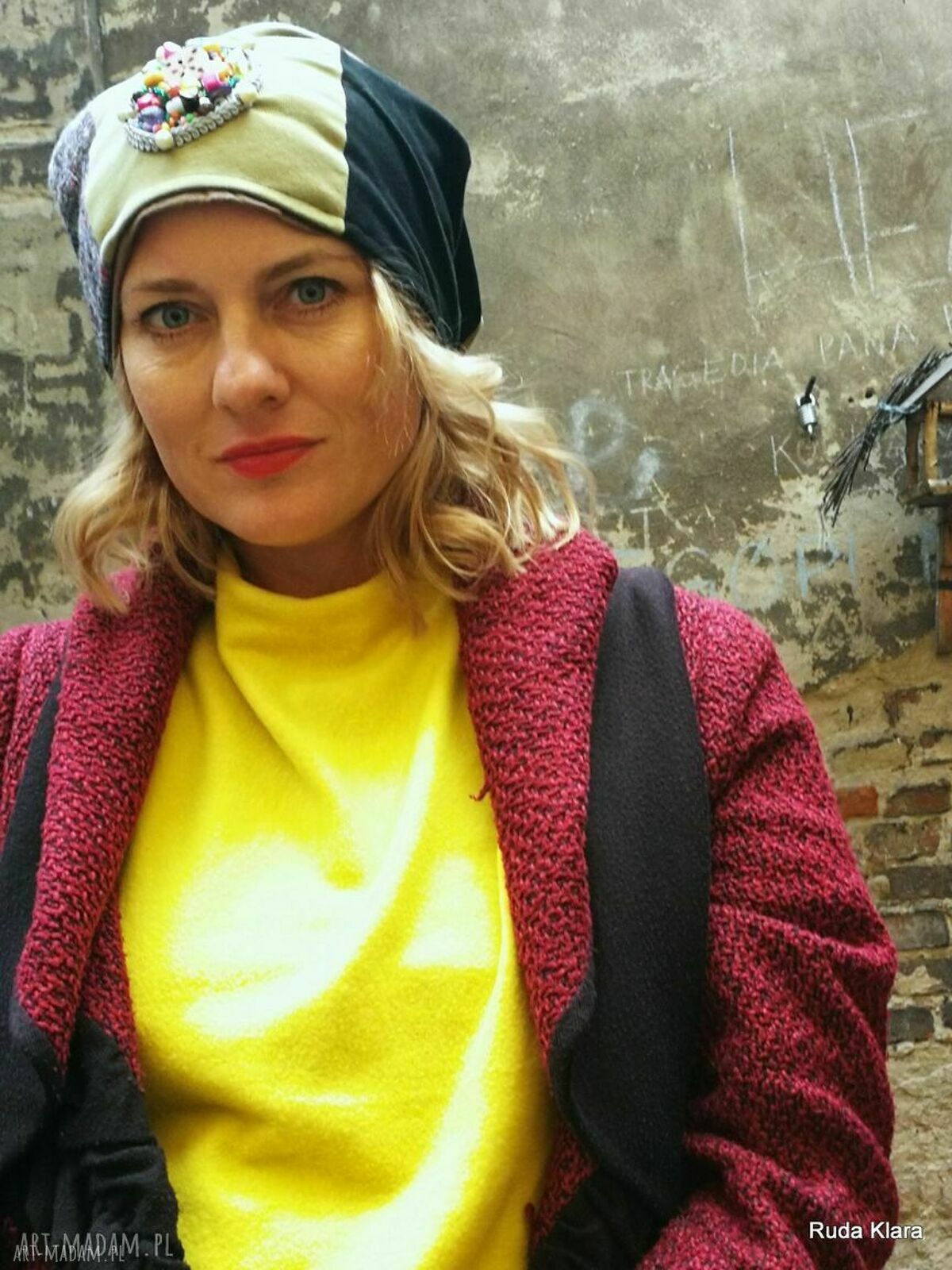 Czapka damska patchworkowa boho z aplikacją - handmade na podszewce (rozmiar uniwersalny)