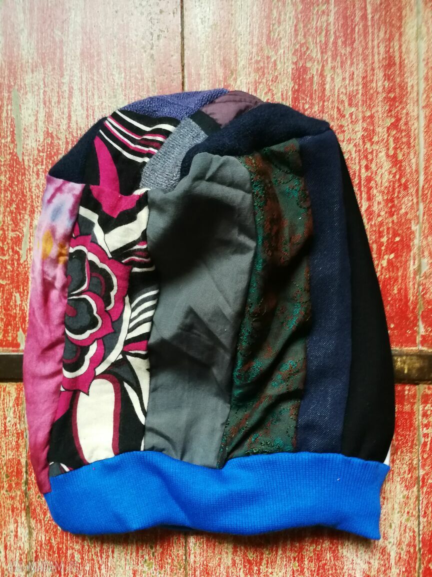 Czapka damska etno boho folk „Smerfetka” - patchwork na podszewce