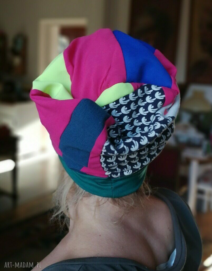 Czapka damska wiosenna patchworkowa BOHO FOLK z podszewką - kształt turbanowy