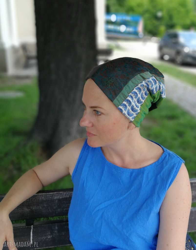 Czapka damska na podszewce - patchworkowy turban boho (57-59 cm)