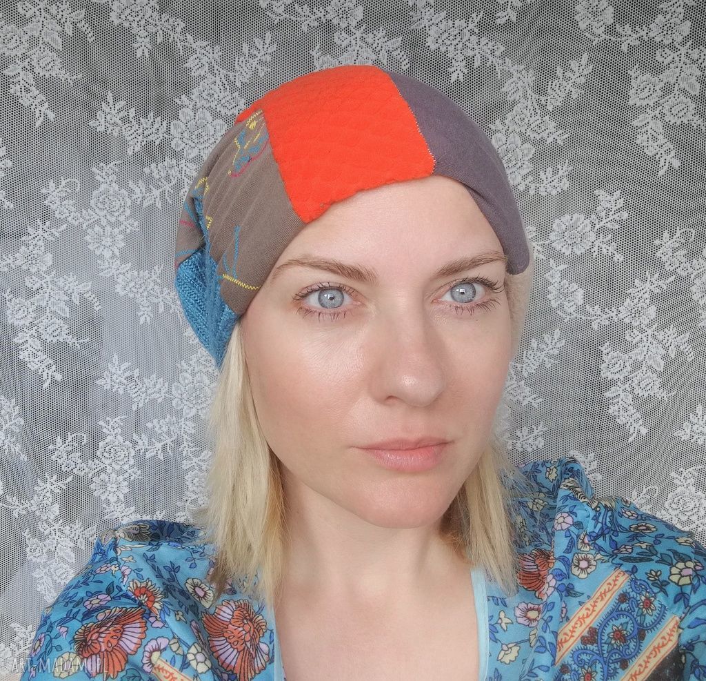 Kolorowa czapka damska patchworkowa - wiosenna na podszewce (boho/etno)