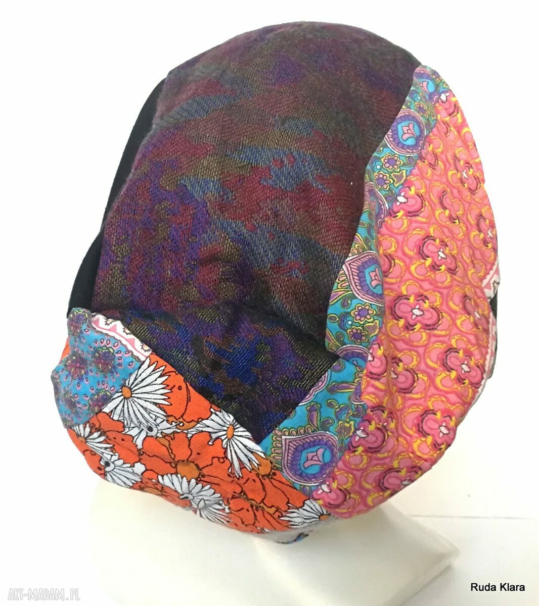 Czapka damska etno-boho Smerfetka - patchwork na podszewce, rozmiar 59-61 cm